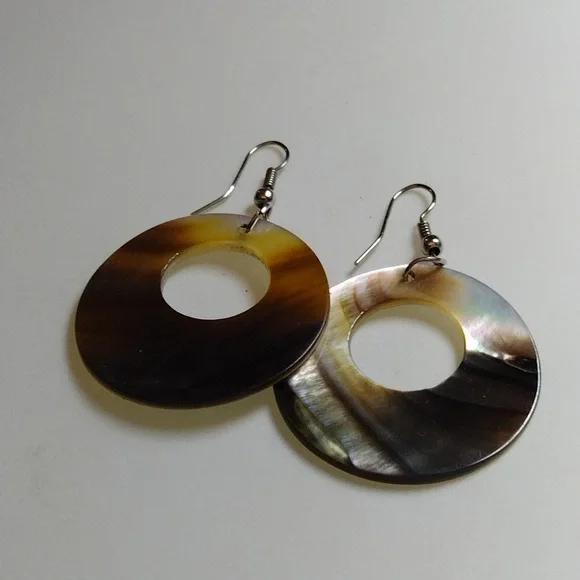 Iridescent Brown Shell Hoop Drop Earrings - Picture 1 of 5